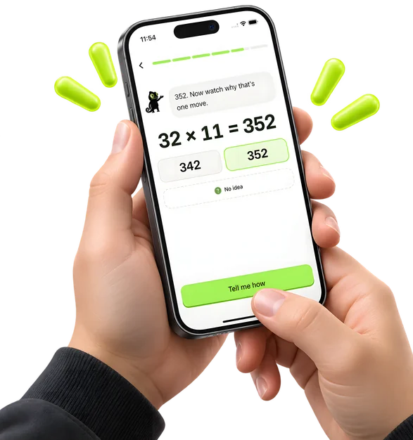 Hands holding a phone with a mental math session